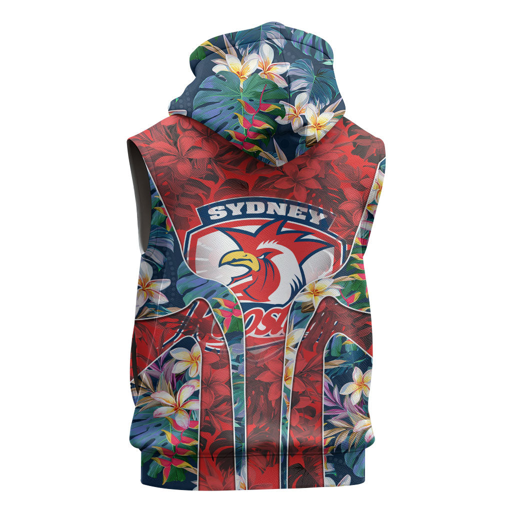 Sydney Roosters Sleeveless Zip Hoodie Tropical Hibiscus Floral Pattern With Red And Blue Accents