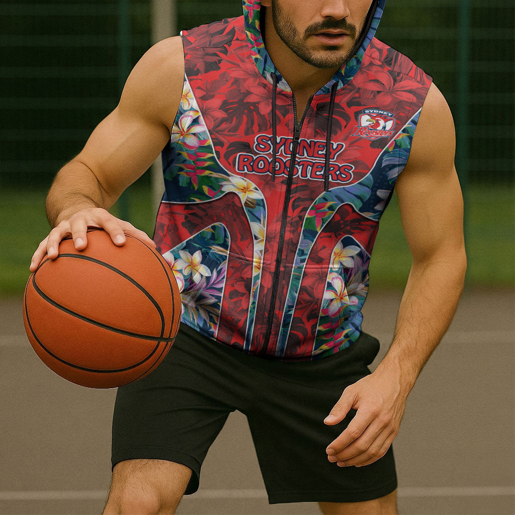 Sydney Roosters Sleeveless Zip Hoodie Tropical Hibiscus Floral Pattern With Red And Blue Accents