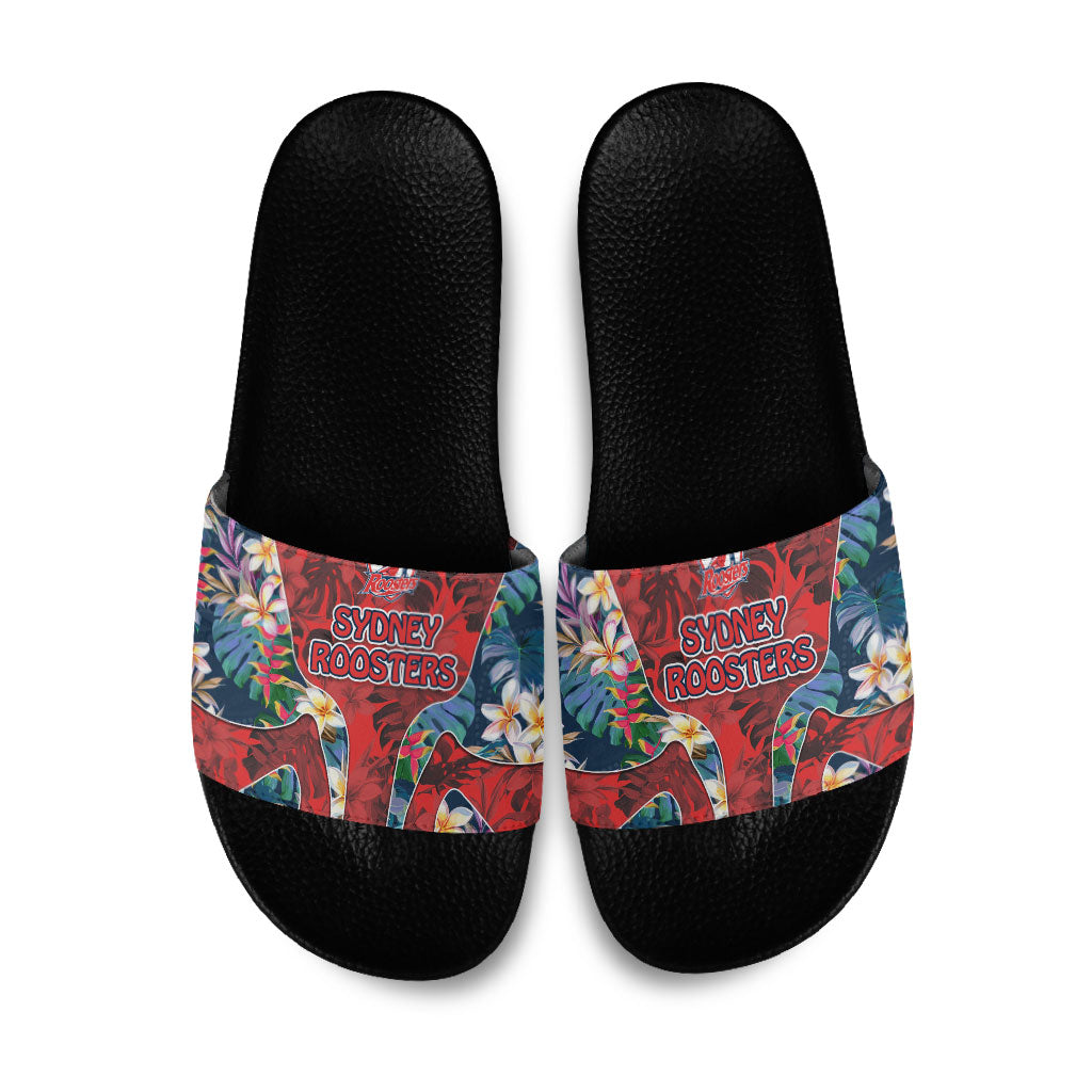 Sydney Roosters Slide Sandals Tropical Hibiscus Floral Pattern With Red And Blue Accents
