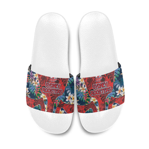 Sydney Roosters Slide Sandals Tropical Hibiscus Floral Pattern With Red And Blue Accents
