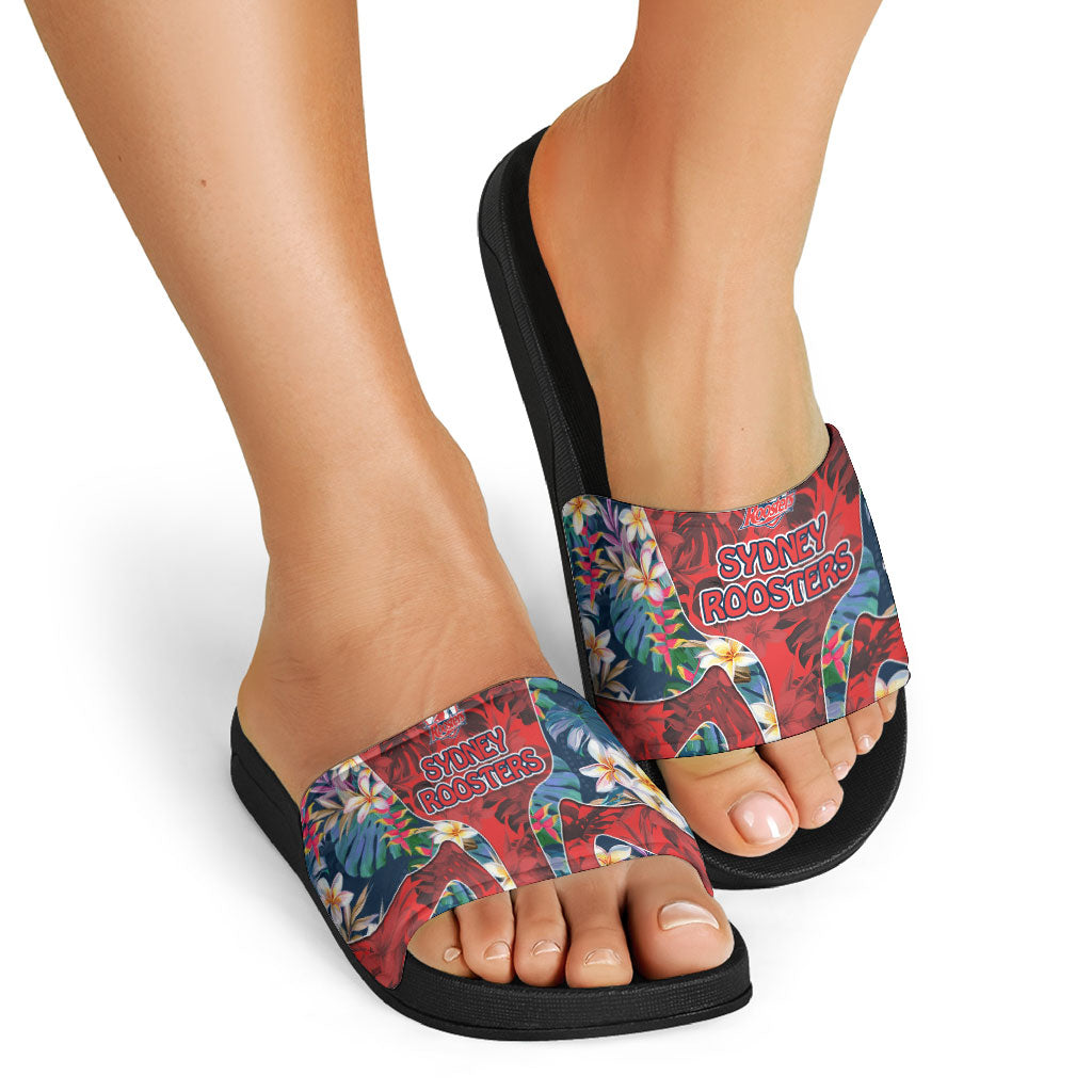 Sydney Roosters Slide Sandals Tropical Hibiscus Floral Pattern With Red And Blue Accents