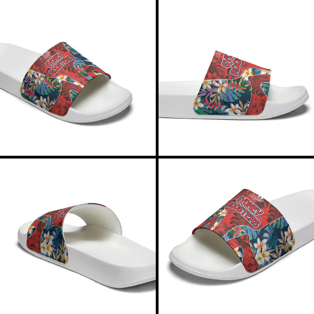 Sydney Roosters Slide Sandals Tropical Hibiscus Floral Pattern With Red And Blue Accents