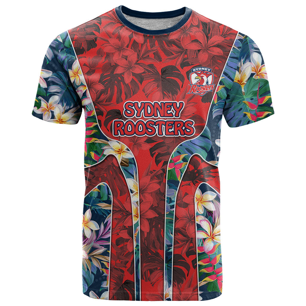 Sydney Roosters T Shirt Tropical Hibiscus Floral Pattern With Red And Blue Accents