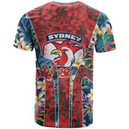 Sydney Roosters T Shirt Tropical Hibiscus Floral Pattern With Red And Blue Accents