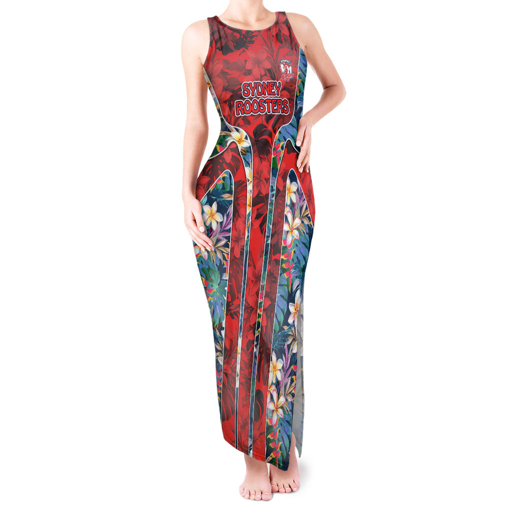 Sydney Roosters Tank Maxi Dress Tropical Hibiscus Floral Pattern With Red And Blue Accents