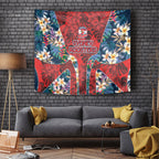 Sydney Roosters Tapestry Tropical Hibiscus Floral Pattern With Red And Blue Accents