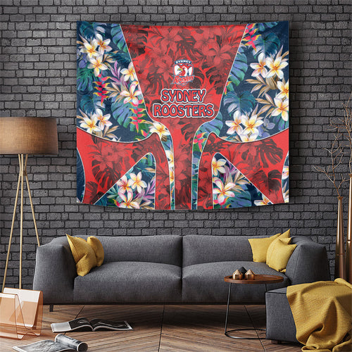 Sydney Roosters Tapestry Tropical Hibiscus Floral Pattern With Red And Blue Accents