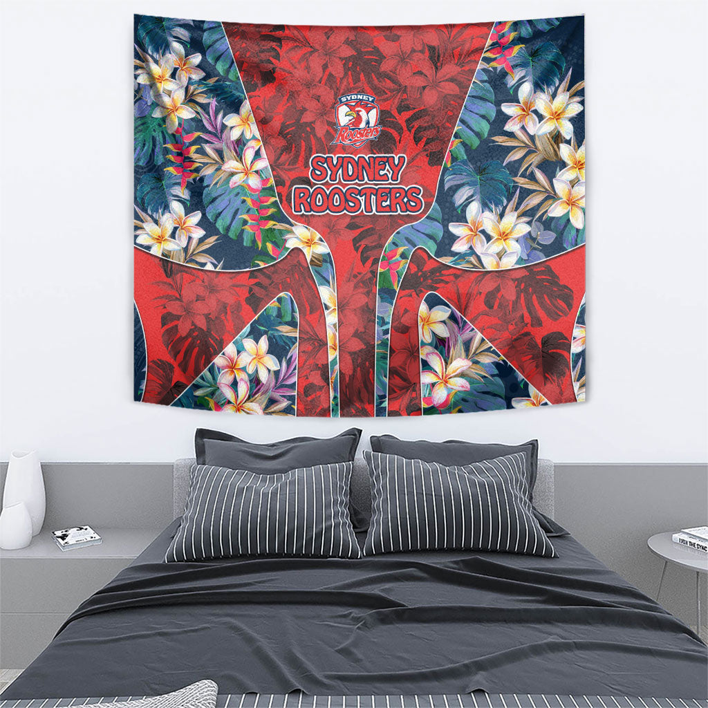 Sydney Roosters Tapestry Tropical Hibiscus Floral Pattern With Red And Blue Accents