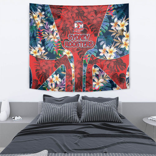 Sydney Roosters Tapestry Tropical Hibiscus Floral Pattern With Red And Blue Accents