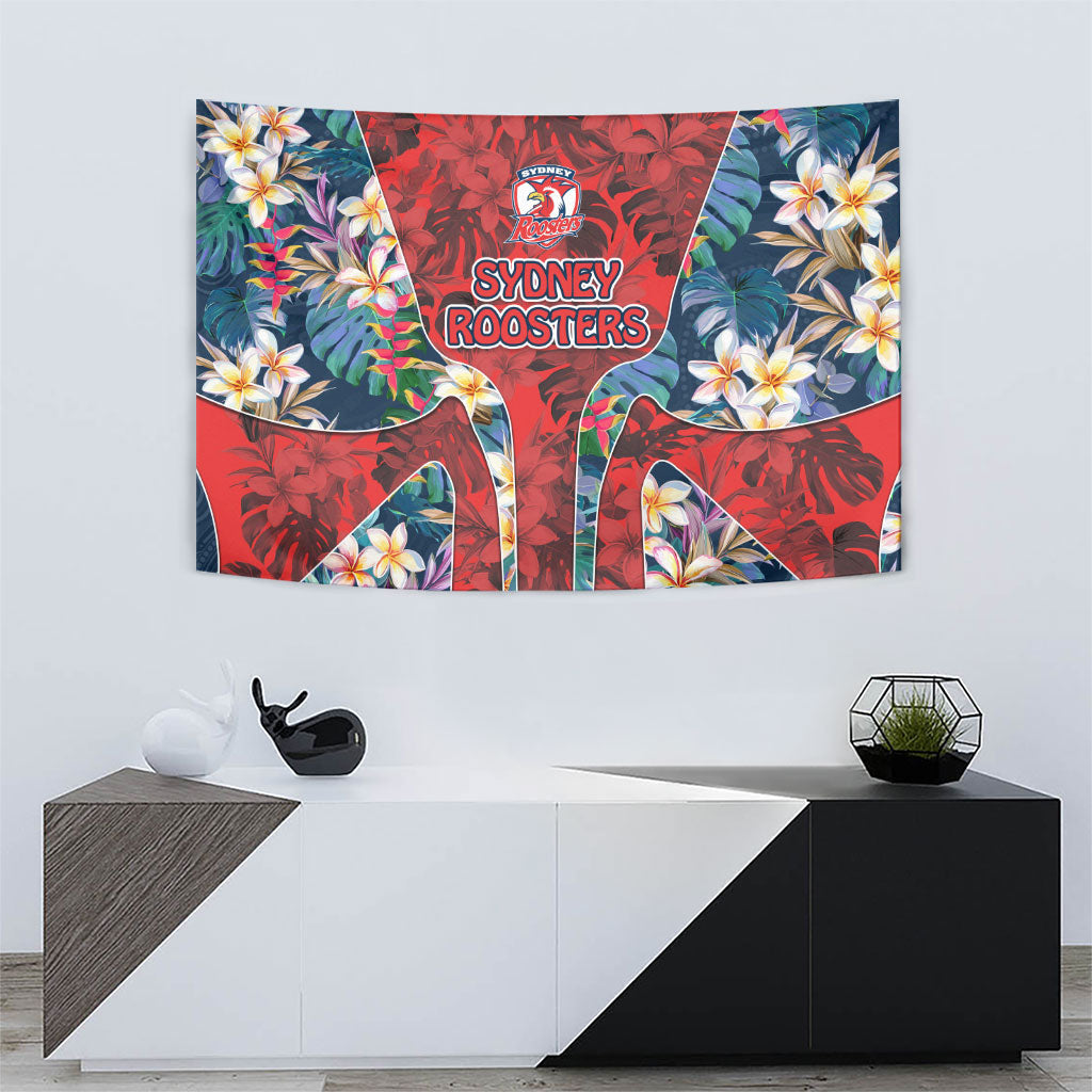 Sydney Roosters Tapestry Tropical Hibiscus Floral Pattern With Red And Blue Accents