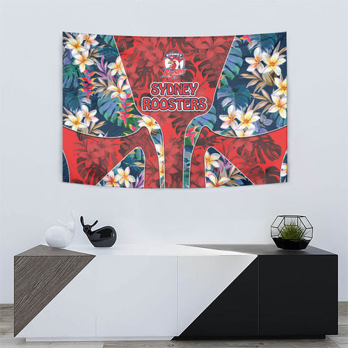 Sydney Roosters Tapestry Tropical Hibiscus Floral Pattern With Red And Blue Accents
