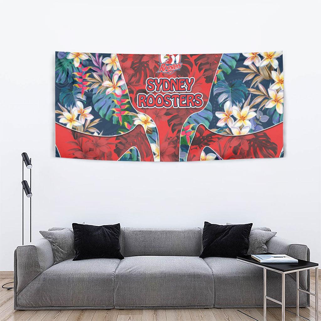 Sydney Roosters Tapestry Tropical Hibiscus Floral Pattern With Red And Blue Accents