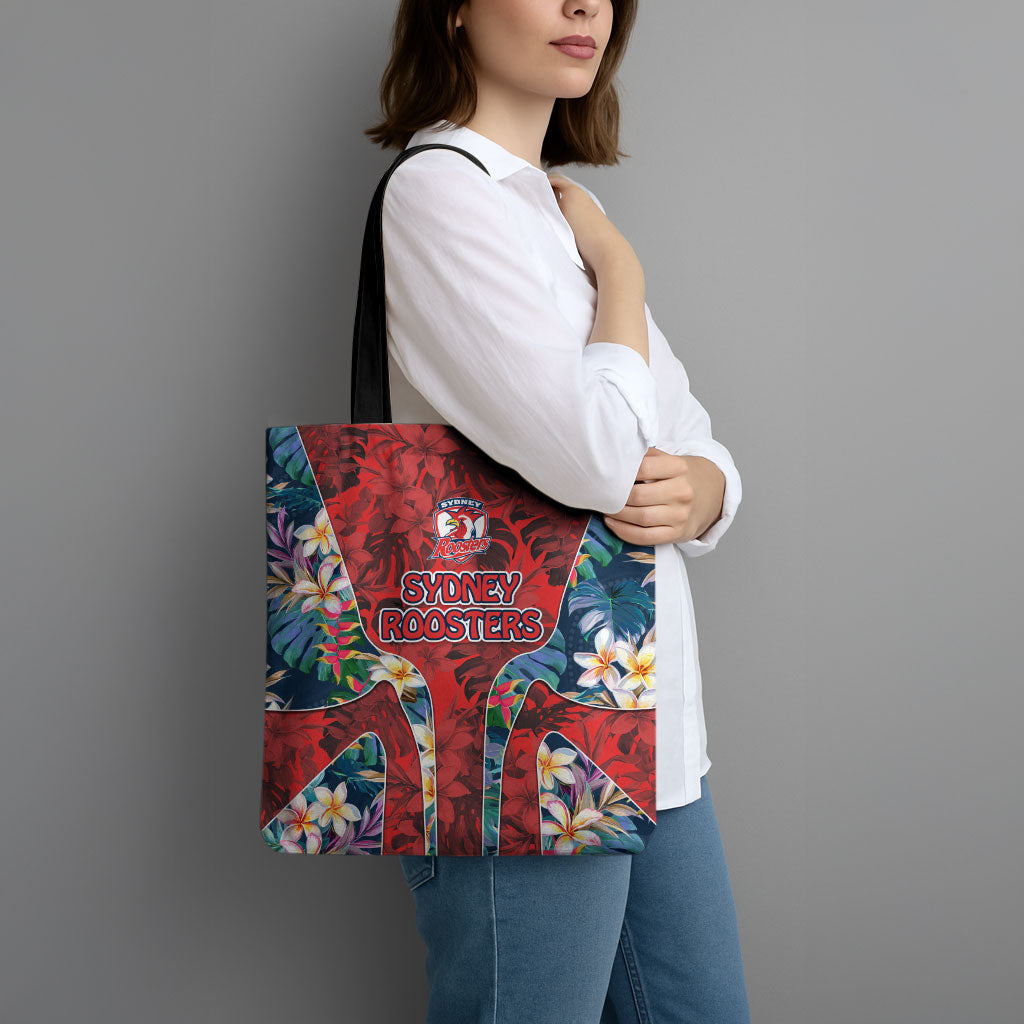 Sydney Roosters Tote Bag Tropical Hibiscus Floral Pattern With Red And Blue Accents