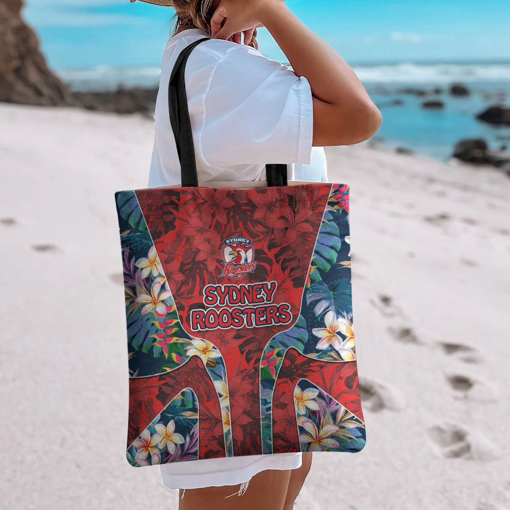 Sydney Roosters Tote Bag Tropical Hibiscus Floral Pattern With Red And Blue Accents