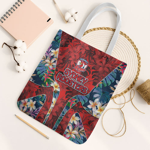 Sydney Roosters Tote Bag Tropical Hibiscus Floral Pattern With Red And Blue Accents