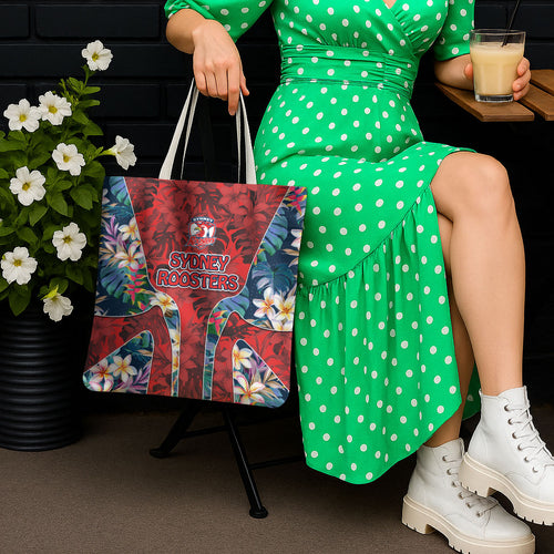 Sydney Roosters Tote Bag Tropical Hibiscus Floral Pattern With Red And Blue Accents