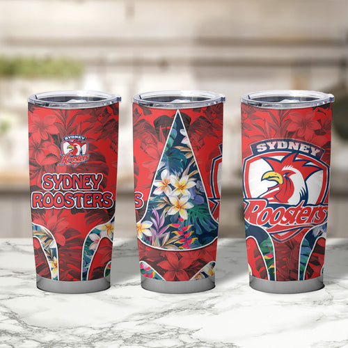 Sydney Roosters Tumbler Cup Tropical Hibiscus Floral Pattern With Red And Blue Accents