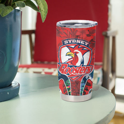 Sydney Roosters Tumbler Cup Tropical Hibiscus Floral Pattern With Red And Blue Accents