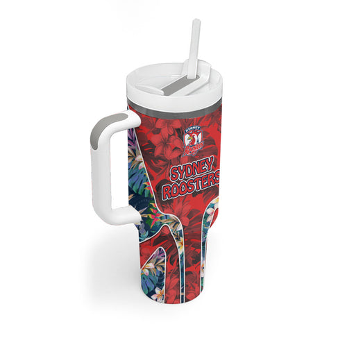 Sydney Roosters Tumbler With Handle Tropical Hibiscus Floral Pattern With Red And Blue Accents