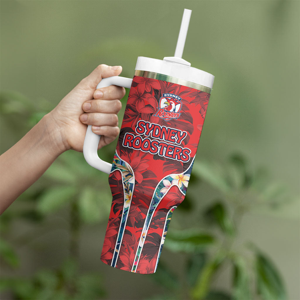 Sydney Roosters Tumbler With Handle Tropical Hibiscus Floral Pattern With Red And Blue Accents