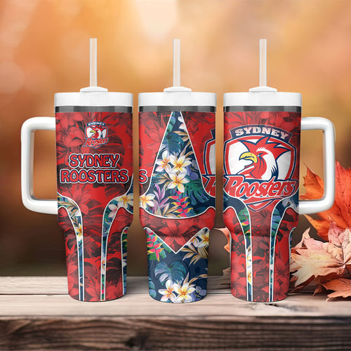 Sydney Roosters Tumbler With Handle Tropical Hibiscus Floral Pattern With Red And Blue Accents