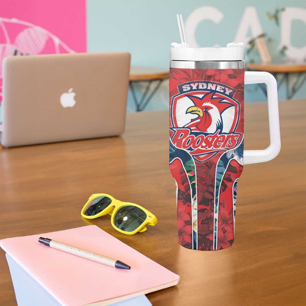 Sydney Roosters Tumbler With Handle Tropical Hibiscus Floral Pattern With Red And Blue Accents