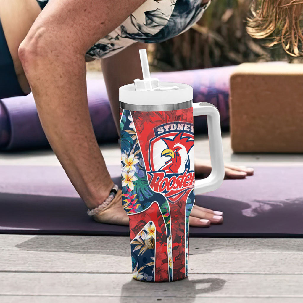Sydney Roosters Tumbler With Handle Tropical Hibiscus Floral Pattern With Red And Blue Accents
