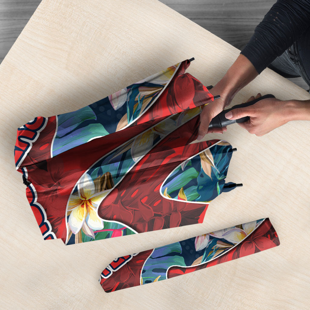 Sydney Roosters Umbrella Tropical Hibiscus Floral Pattern With Red And Blue Accents