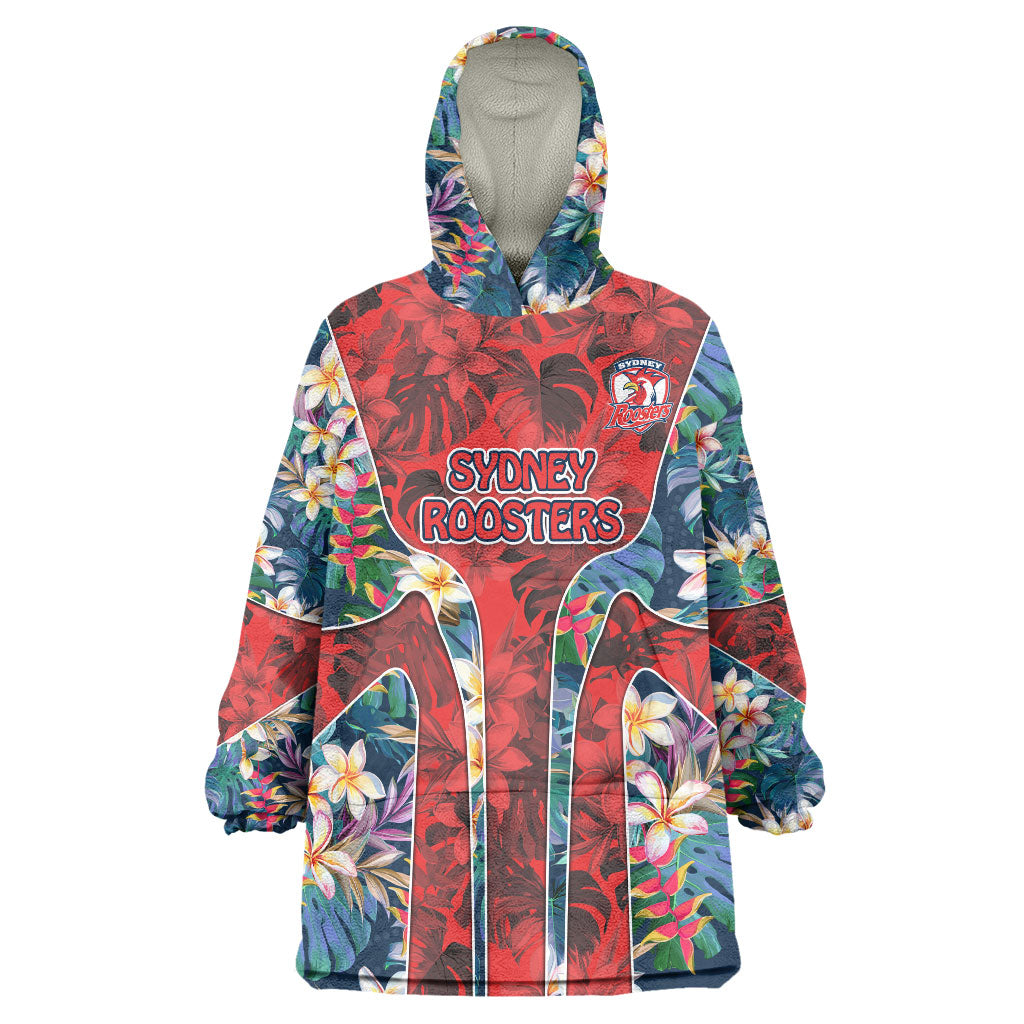 Sydney Roosters Wearable Blanket Hoodie Tropical Hibiscus Floral Pattern With Red And Blue Accents