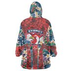 Sydney Roosters Wearable Blanket Hoodie Tropical Hibiscus Floral Pattern With Red And Blue Accents