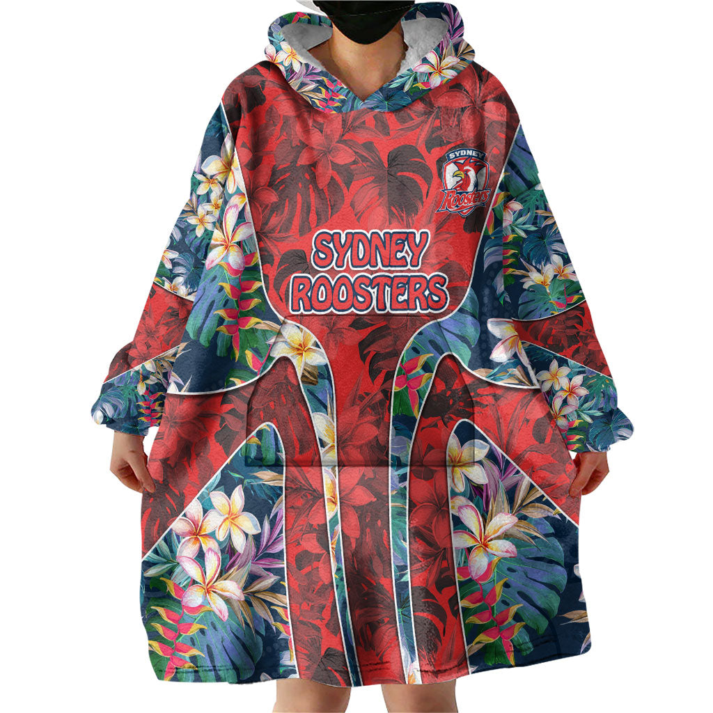 Sydney Roosters Wearable Blanket Hoodie Tropical Hibiscus Floral Pattern With Red And Blue Accents