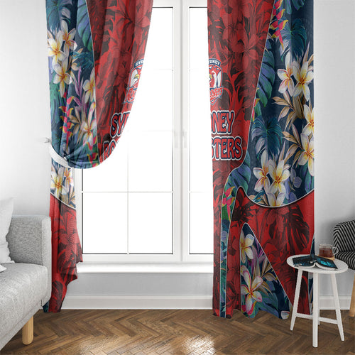 Sydney Roosters Window Curtain Tropical Hibiscus Floral Pattern With Red And Blue Accents