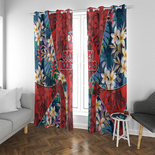 Sydney Roosters Window Curtain Tropical Hibiscus Floral Pattern With Red And Blue Accents