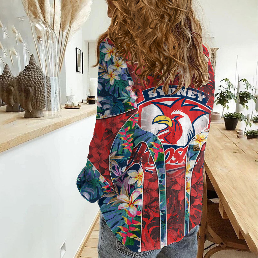 Sydney Roosters Women Casual Shirt Tropical Hibiscus Floral Pattern With Red And Blue Accents
