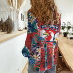 Sydney Roosters Women Casual Shirt Tropical Hibiscus Floral Pattern With Red And Blue Accents