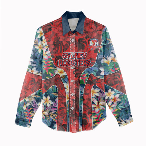 Sydney Roosters Women Casual Shirt Tropical Hibiscus Floral Pattern With Red And Blue Accents