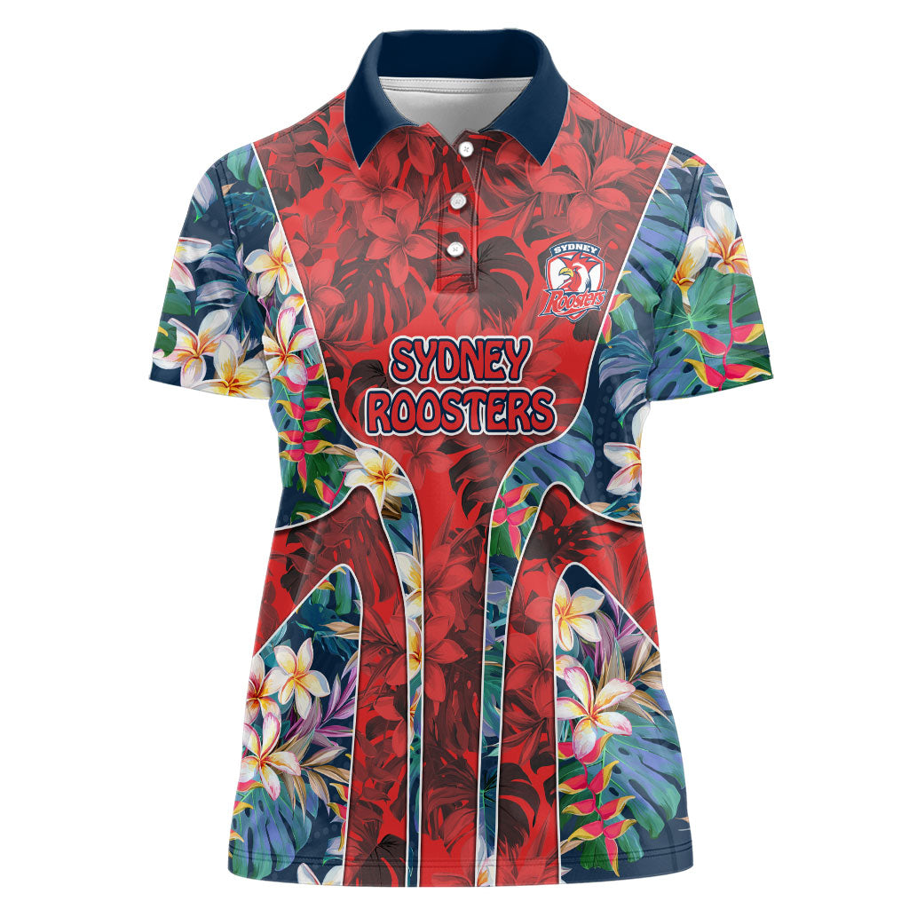 Sydney Roosters Women Polo Shirt Tropical Hibiscus Floral Pattern With Red And Blue Accents