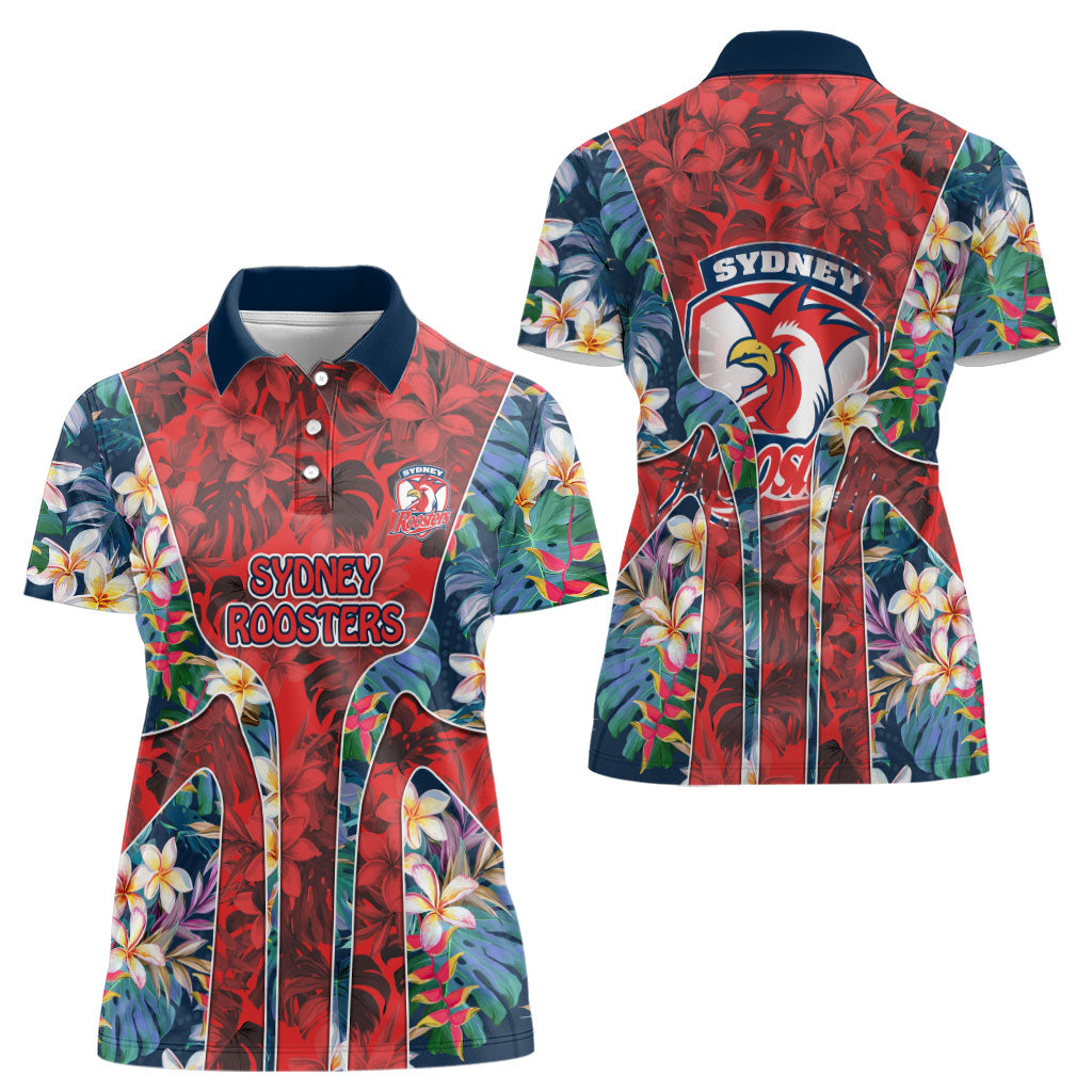 Sydney Roosters Women Polo Shirt Tropical Hibiscus Floral Pattern With Red And Blue Accents