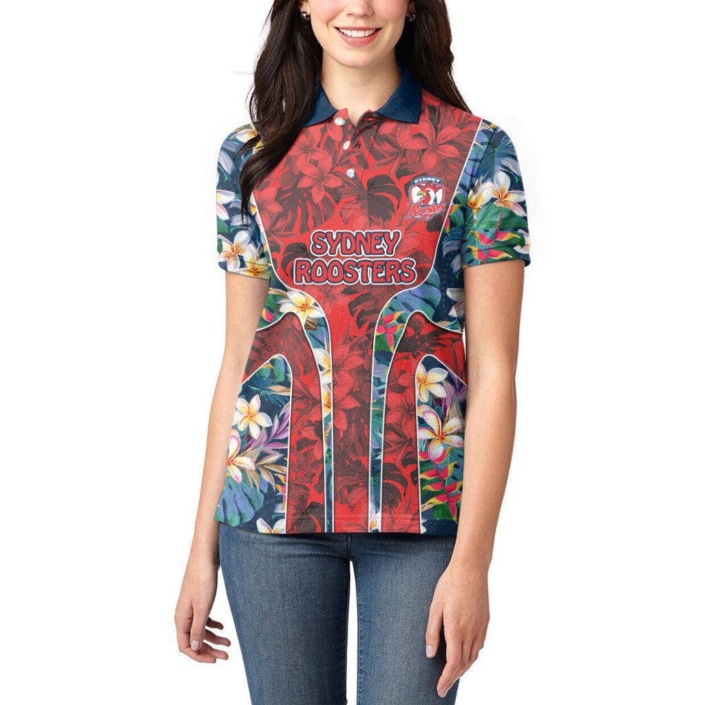 Sydney Roosters Women Polo Shirt Tropical Hibiscus Floral Pattern With Red And Blue Accents