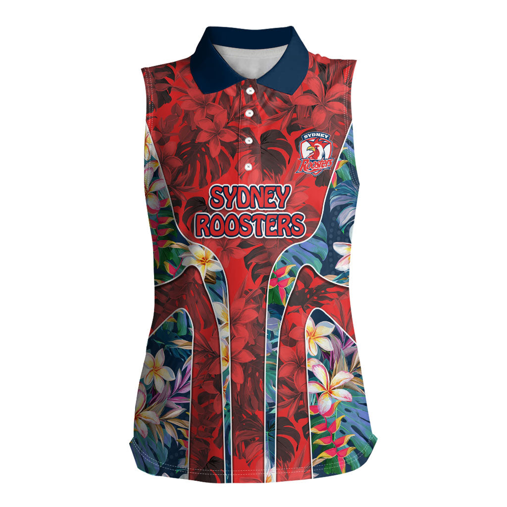 Sydney Roosters Women Sleeveless Polo Shirt Tropical Hibiscus Floral Pattern With Red And Blue Accents