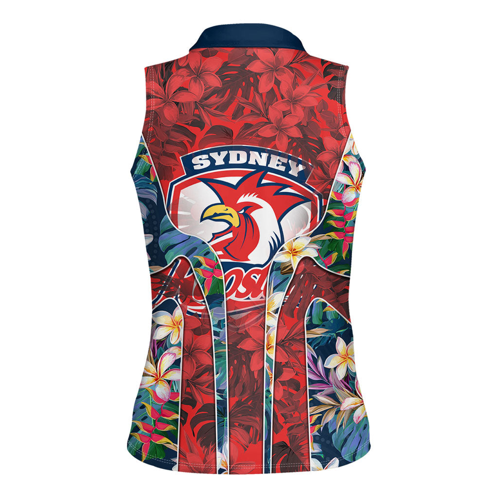 Sydney Roosters Women Sleeveless Polo Shirt Tropical Hibiscus Floral Pattern With Red And Blue Accents