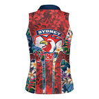 Sydney Roosters Women Sleeveless Polo Shirt Tropical Hibiscus Floral Pattern With Red And Blue Accents