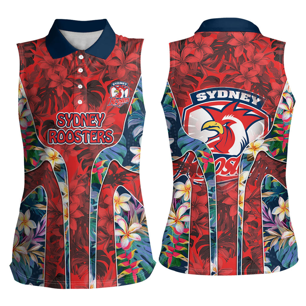 Sydney Roosters Women Sleeveless Polo Shirt Tropical Hibiscus Floral Pattern With Red And Blue Accents