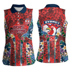 Sydney Roosters Women Sleeveless Polo Shirt Tropical Hibiscus Floral Pattern With Red And Blue Accents