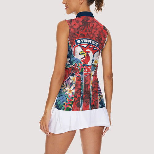 Sydney Roosters Women Sleeveless Polo Shirt Tropical Hibiscus Floral Pattern With Red And Blue Accents
