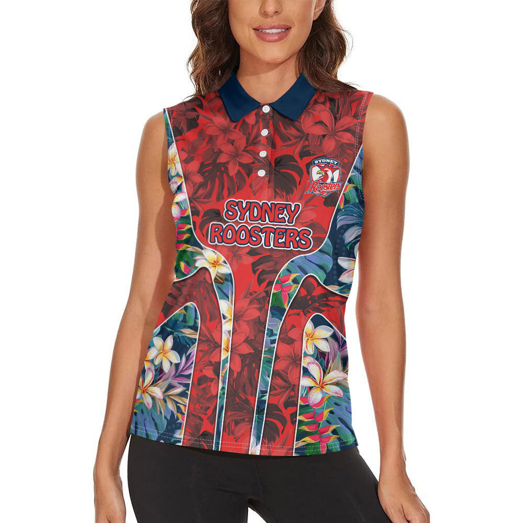 Sydney Roosters Women Sleeveless Polo Shirt Tropical Hibiscus Floral Pattern With Red And Blue Accents