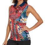Sydney Roosters Women Sleeveless Polo Shirt Tropical Hibiscus Floral Pattern With Red And Blue Accents