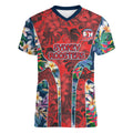 Sydney Roosters Women V-Neck T-Shirt Tropical Hibiscus Floral Pattern With Red And Blue Accents