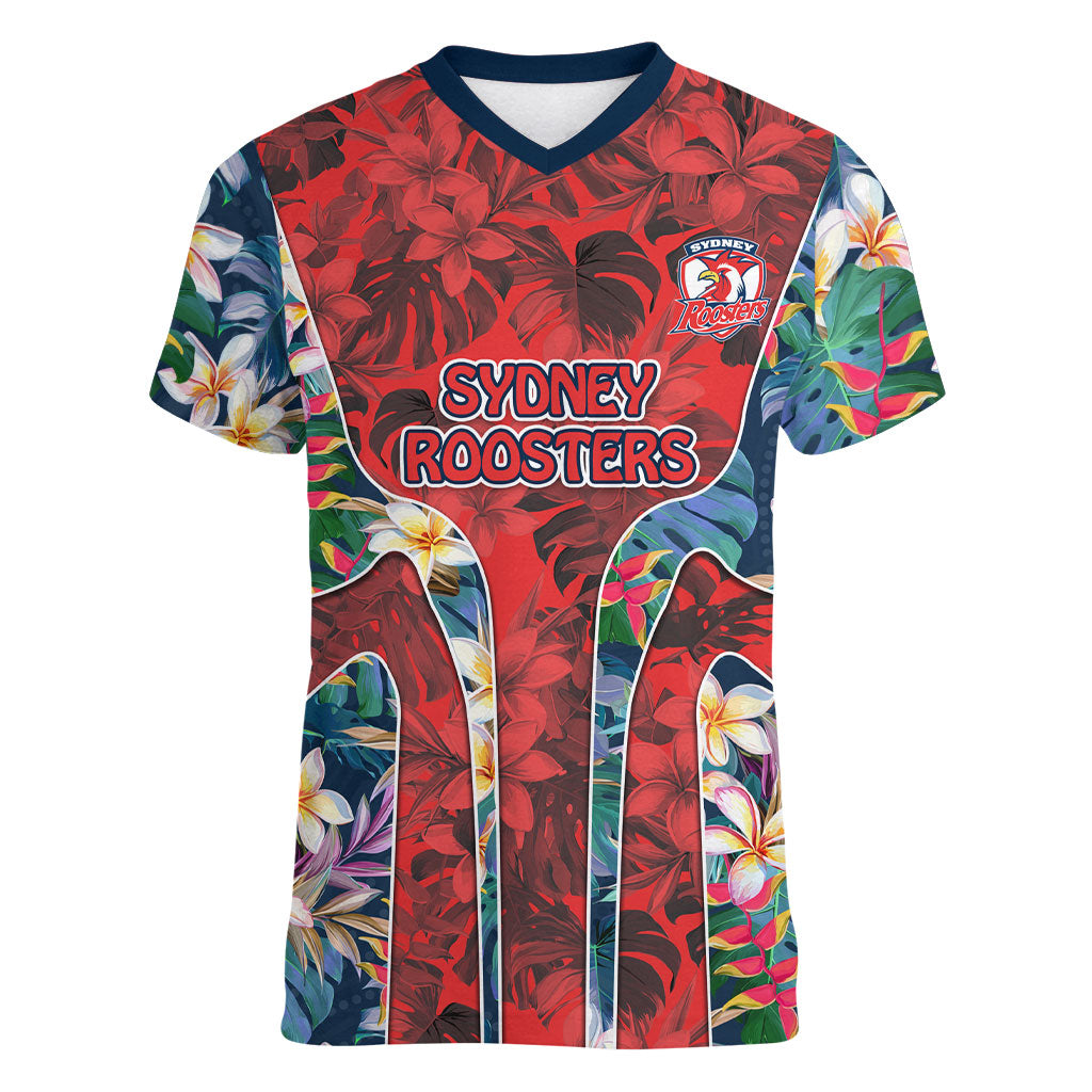 Sydney Roosters Women V-Neck T-Shirt Tropical Hibiscus Floral Pattern With Red And Blue Accents