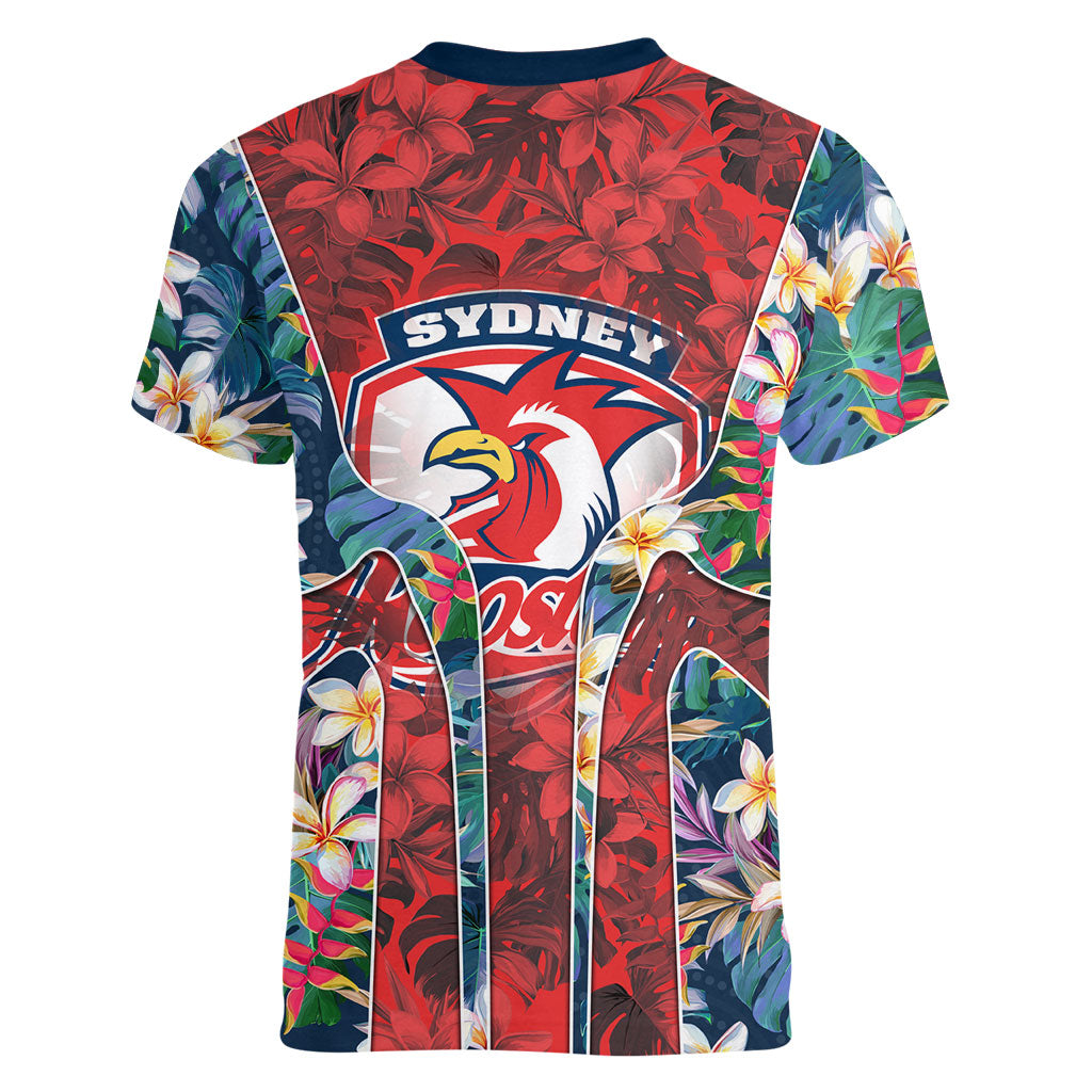 Sydney Roosters Women V-Neck T-Shirt Tropical Hibiscus Floral Pattern With Red And Blue Accents